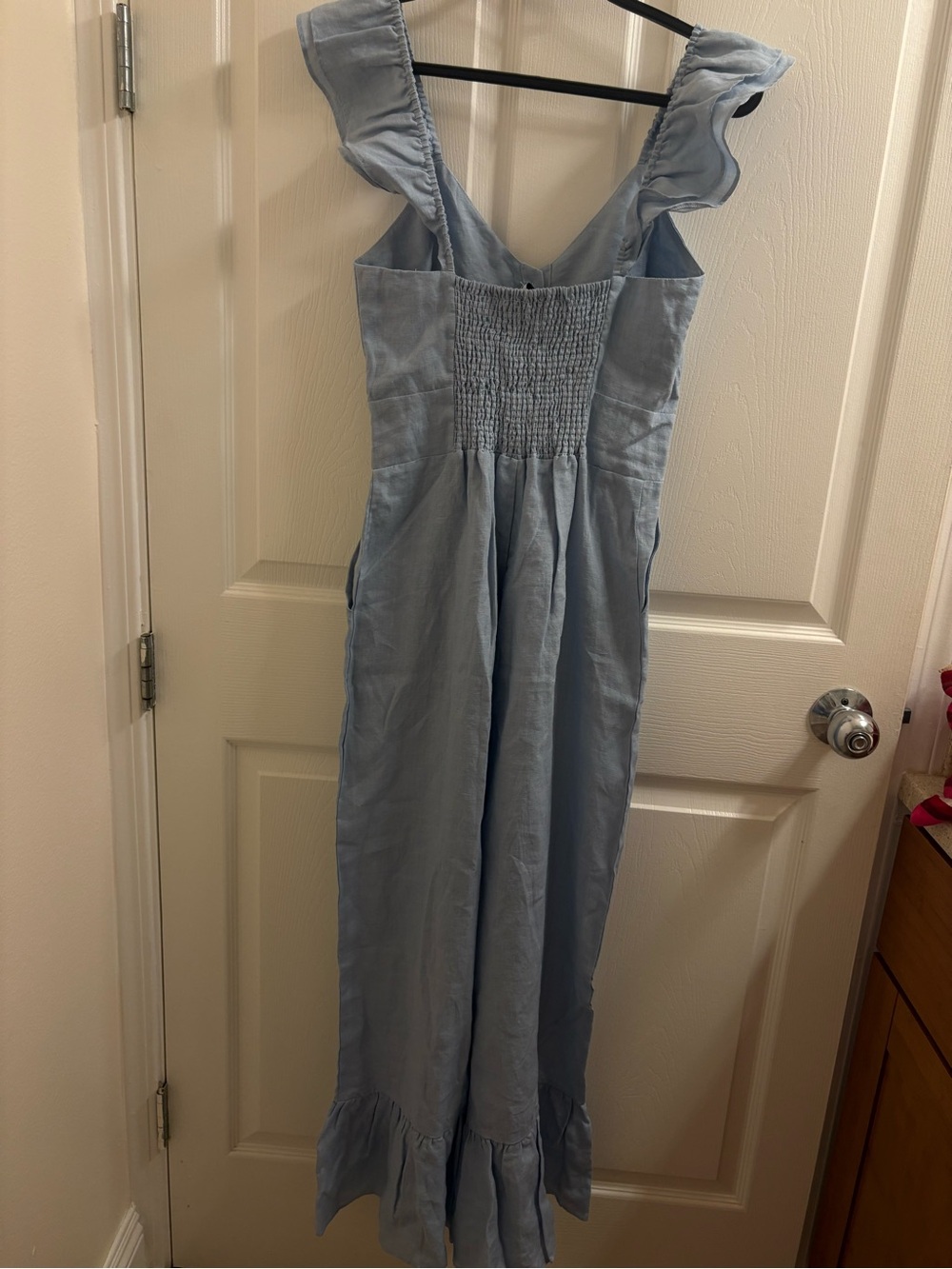 NWT Olivaceous Light Blue Linen Blend Flutter Sleeve Ruffle Hem Jumpsuit Medium - Picture 3 of 14